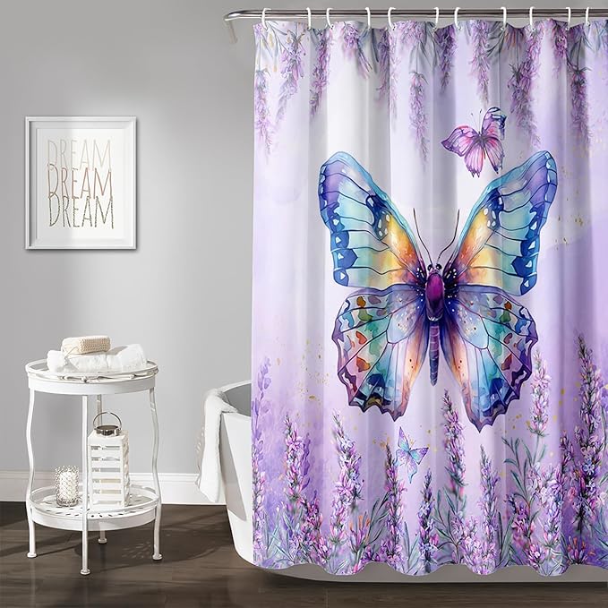 AILONEN Butterfly Shower Curtain for Bathroom, Purple Lavender Bath Curtain Decor,Flower Butterfly Waterproof Shower Curtain with 12 Plastic Hooks (Kids/Girls/Women/Teens) 60" W*72" H