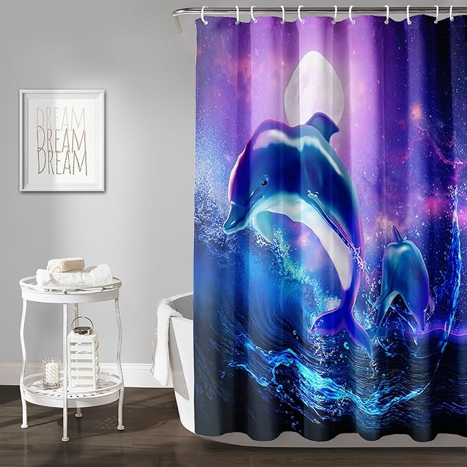 AILONEN Catrtoon Dolphin Shower Curtain Bathroom 72" W*72" H Blue Starry Sky Sea Water Cloth Fabric Bathroom for Kids Girls,Jumping Dolphin with Moon Shower Curtain Set