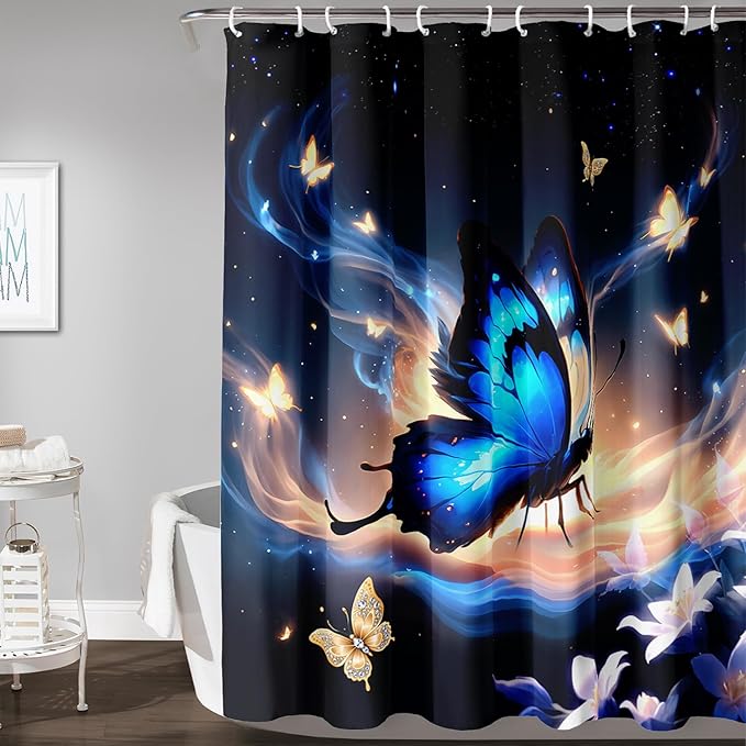 AILONEN Butterfly Shower Curtain,Blue Butterfly Bath Curtain for Girls Kids Women,Glowing Starry Flower Butterfly Decoration Bathroom Waterproof Curtain with 12 Plastic Hooks, 36" W*72" H