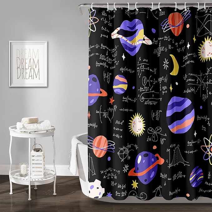 AILONEN Solar System Shower Curtain,Math Galaxy Purple Planet Bath Curtain for Bathroom Decor,Cartoon Planet Polyester Waterproof with 12 Plastic Hooks 72" W*96" H