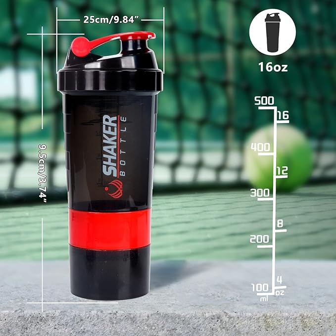 Shaker Bottle,16oz Protein Shaker Bottles with Mixing Ball, 3 in 1 Leak-proof GYM Shake Cup with Powder Storage & Pill Tray, Ideal for Workout,BPA Free(Red)