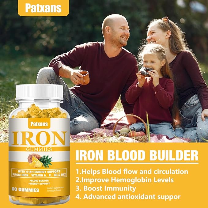 2 Packs 100MG Iron Supplement Gummies for Women & Men - with Vitamin A, C, B - Blood Builder & Energy Support for Iron Deficiency, Anemia, Adults & Children, Vegan, Pineapple Flavor Gummy, 120ct