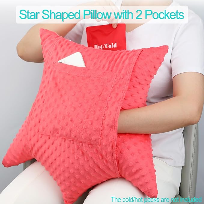 Heart Surgery Pillow Shock Absorbing for Open Heart Surgery After Bypass Coughing with 2 Pockets - Recovery Gifts with Hands Placement Pouch, Minky Dot Red