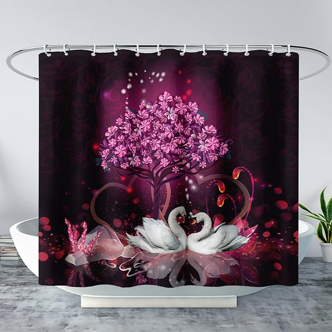 AILONEN Romantic Love Theme Shower Curtain for Girls Pink Love Tree Floral Valentine Bathroom Decor,Swan Couple Lover Bath Curtain 60" W*72" H Polyester Waterproof Bathroom Curtain with Hooks