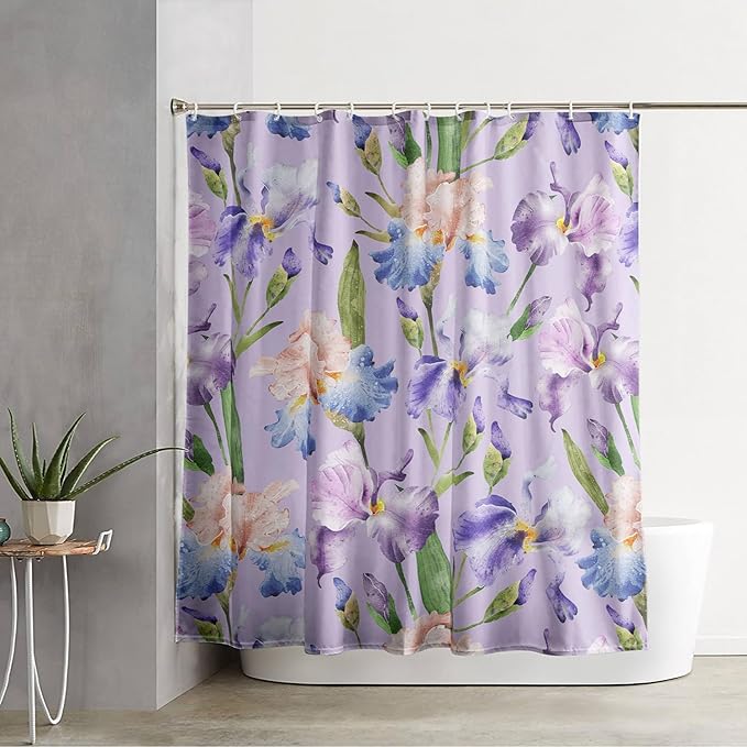 AILONEN Floral Shower Curtain, Pretty Purple Iris Pattern Shower Curtain Set for Girls Boys Teens Kids,Fantasy Vintage Flower Fabric Shower Curtains for Bathroom,48" W*72" H