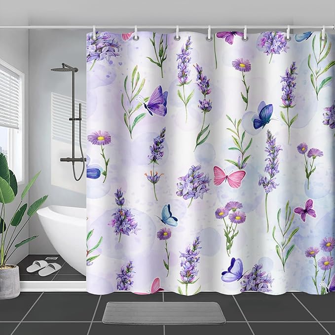 AILONEN Purple Flower Butterfly Shower Curtain 72" W*72" H,Spring Floral Girls Bathroom Decor,Modern Tie Dye Watercolor Butterfly Bath Curtain Polyester Waterproof Bathroom Curtain with Hooks