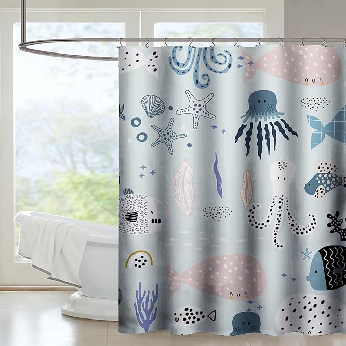 AILONEN Cartoon Ocean Life Shower Curtain for Kids 72" W*72" H Inch,Kawaii Fish Whales Octopuses Pattern Shower Curtain,Ocean Life Theme 12 Pack Hooks Polyester Waterproof Fabric Decor for Bathroom