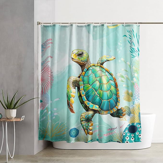 AILONEN Cute Sea Turtle Shower Curtain,Cartoon Turtle with Water Plant Shower Curtain Set for Bathroom,Kawaii Ocean Animal Theme Waterproof Fabric Shower Curtain with Hooks,72" W*78" H