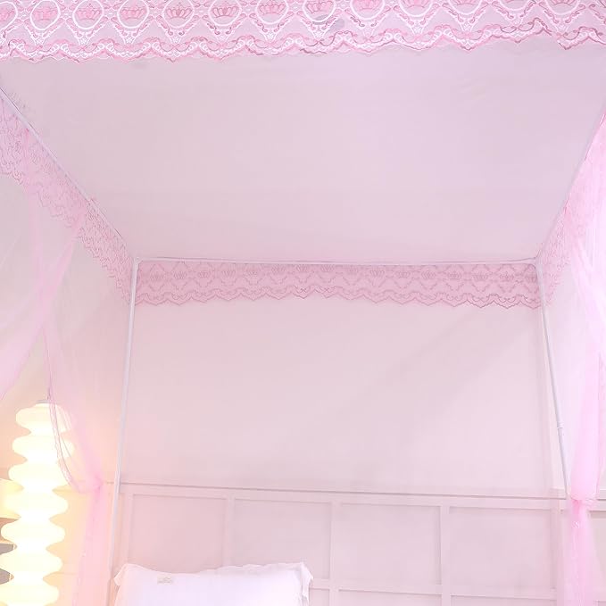 Bed Canopy, Princess Bed Curtain Net for Girls & Adults,Three-Doors Rectangle Lace Dome Netting (Baby Pink, King)