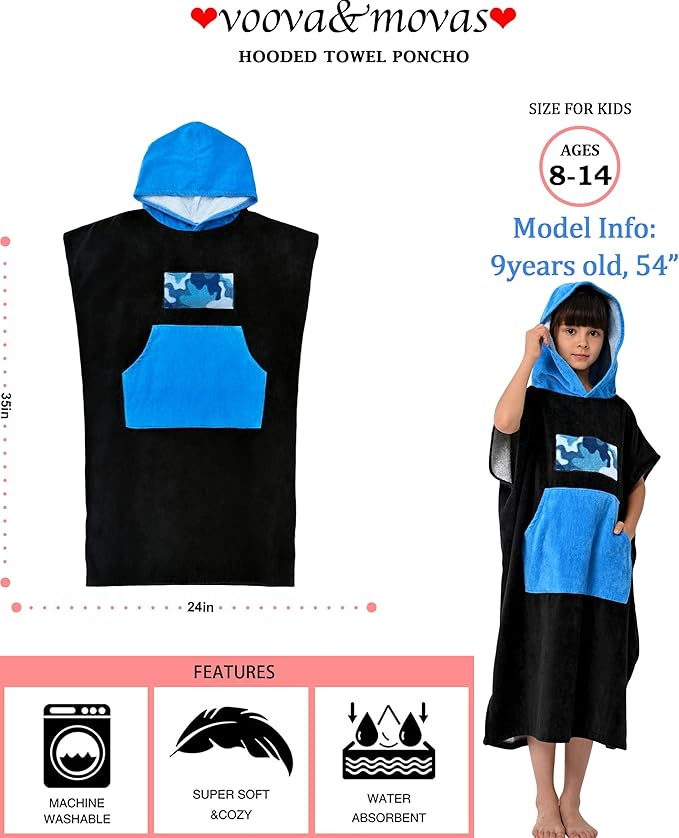 VOOVA & MOVAS Black Changing Robe for Teens,8-14Years,Thick 100% Cotton, Absorbent Hooded Towels for Girls|Boys,Surf Poncho for Pool, Beach, Bath,Swim