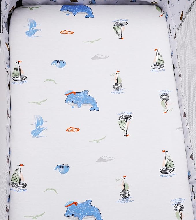 Bassinet Sheets Compatible with Chicco Lullago Anywhere & Baby Bjorn Cradle Bassinet, 2 Pack, 100% Jersey Knit Cotton 190GSM, Ultra Soft Breathable, Dolphin and Whale
