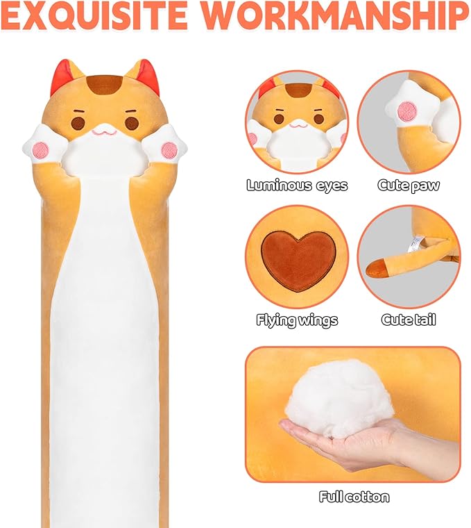 Long Cat Plush Kawaii Body Pillow, 20” Cute Brown Cat Stuffed Animals Soft Plushies, Orange Kitten Plush Throw Pillow Doll Toy Gift for Girlfriend
