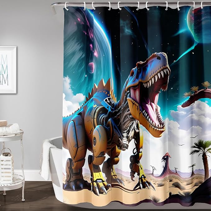 AILONEN Dinosaur Shower Curtain for Kids Boys Teens.Sky Blue Planet Dinosaur Bath Curtain for Bathroom,Machine Dinosaur Curtain Modern Polyester with 12 Plastic Hooks 72" W*72" H