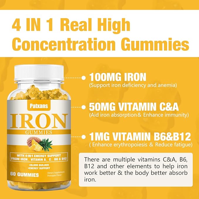 2 Packs 100MG Iron Supplement Gummies for Women & Men - with Vitamin A, C, B - Blood Builder & Energy Support for Iron Deficiency, Anemia, Adults & Children, Vegan, Pineapple Flavor Gummy, 120ct