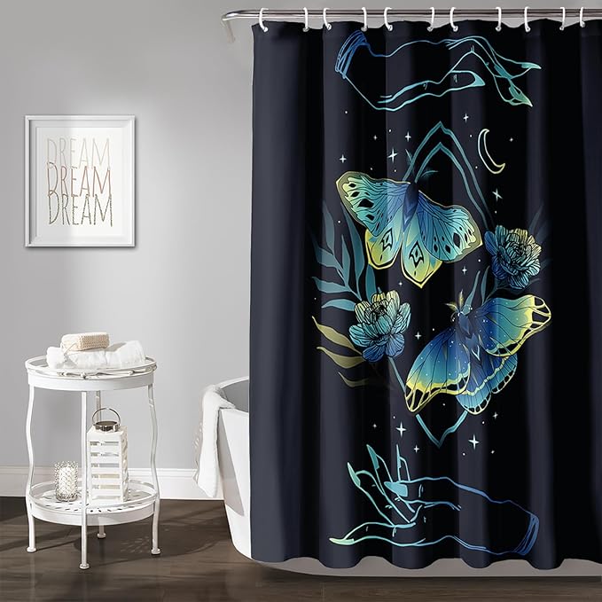 AILONEN Blue Moth Shower Curtain,Flora Death Moth Bath Curtain for Bathroom Decor,Polyester Waterproof with 12 Plastic Hooks 72" W*96" H