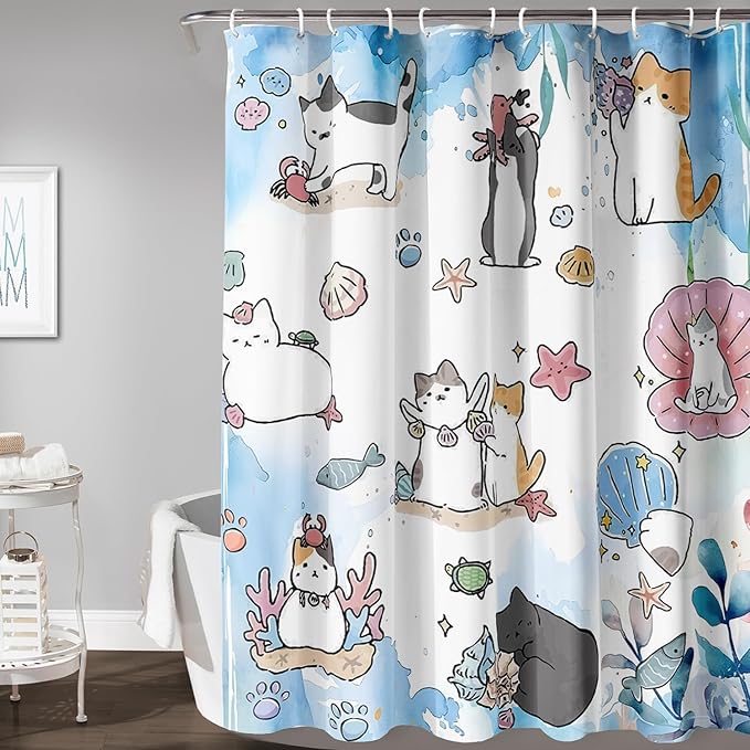 AILONEN Watercolor Cat Shower Curtain for Bathroom, Cute Cat Princess Shell Waterproof Bath Curtain,Cat Lover Minimalist White Curtain with 12 Plastic Hooks(72" W*84" H)