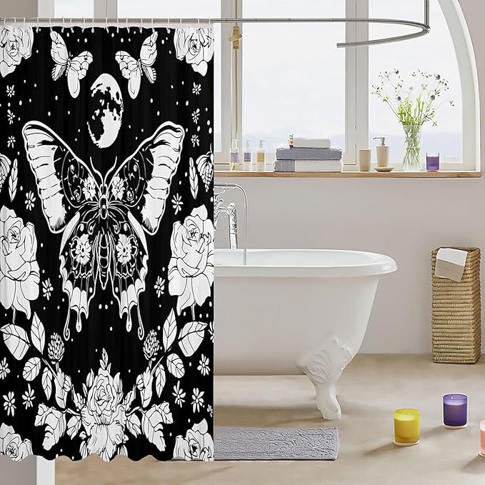 Feelyou Moon Butterfly Shower Curtain Bohemian Moth Fabric Curtain Kids Boys Girls Galaxy Floral Botanical Bathroom Waterproof Accessories with 12 Hooks Boho Exotic Style Black Curtains,72x84 Inches