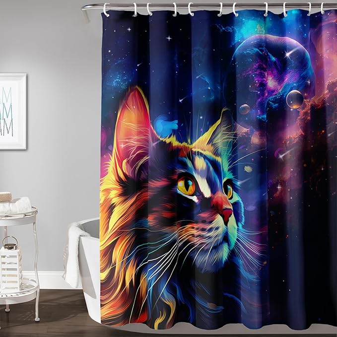 AILONEN Cat Shower Curtains for Kids,Galaxy Cat Curtains Gifts for Cat Lover,Animal Theme Bath Curtains for Bathroom Decor,72" W*84" H Polyester Waterproof with 12 Plastic Hooks