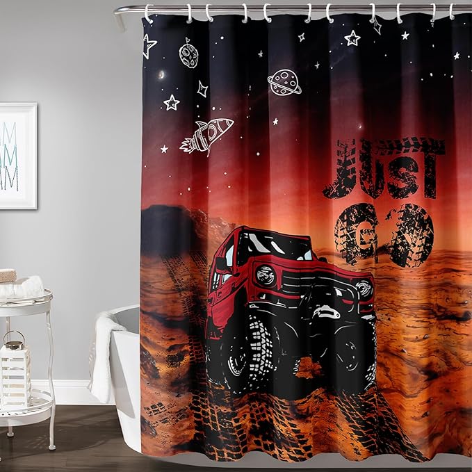 AILONEN Red Truck Shower Curtains,Galaxy Monster Truck Bath Curtains,Monster Jam Polyester Waterproof for Bathroom,72" W*78" H with 12 Plastic Hooks,Red