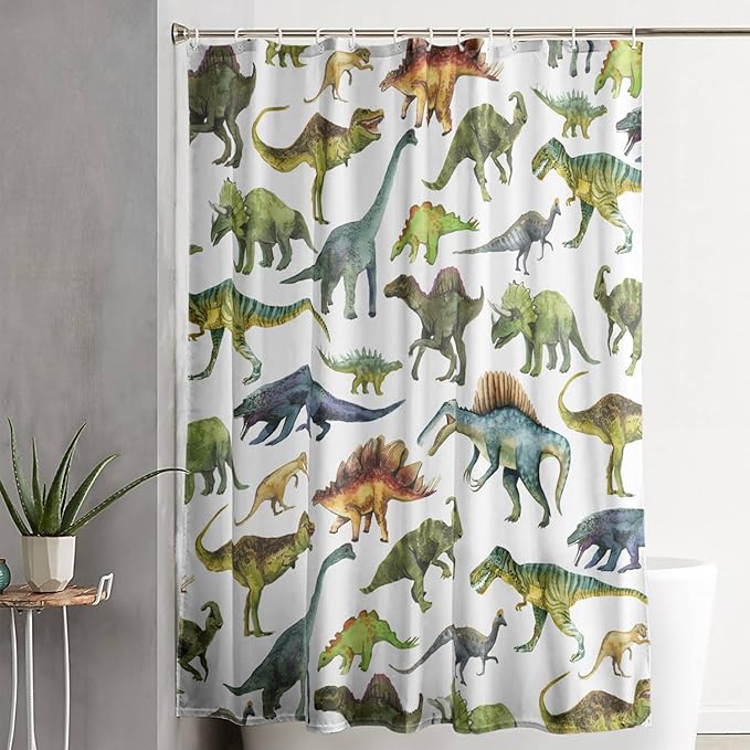 AILONEN Dinosaur Shower Curtain 60" W*72" H for Bathroom,Cartoon Dinosaur Bathroom Shower,Tropical Jungle Dinosaur Kids Boys Bath Curtain Polyester Waterproof Bathroom Curtain with 12 Hooks