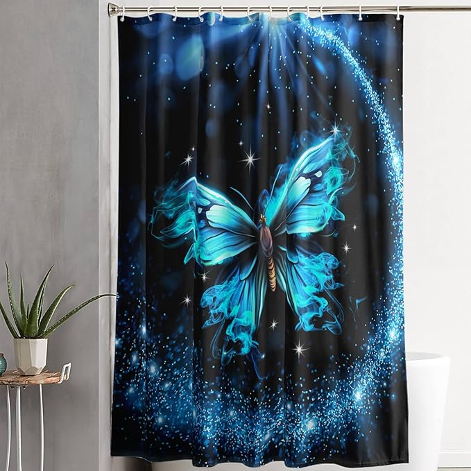 AILONEN Butterfly Shower Curtain Bathroom 72" W*78" H Sparkly Blue Butterflies Curtain Cloth Fabric Bathroom for Girls Kids,Boho Style Shower Curtain Set