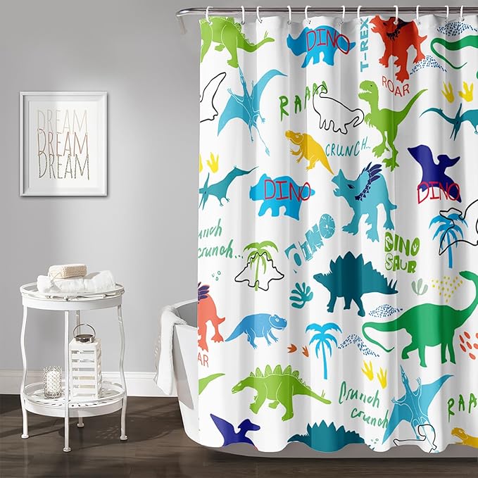 AILONEN Cartoon Dinosaur Shower Curtain for Kids Boys 72" W*84" H Inch,Colorful Dinosaur Pattern Shower Curtain,12 Pack Hooks Polyester Waterproof Fabric Decor for Bathroom