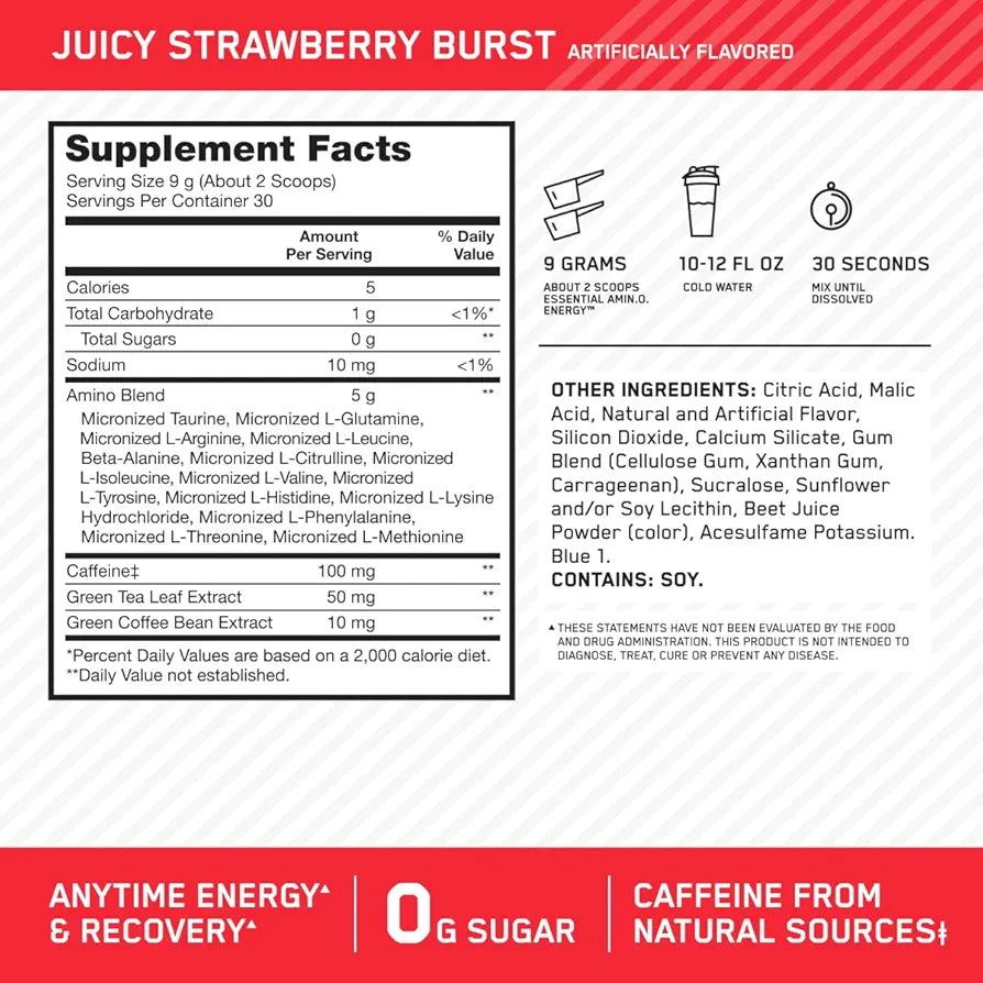 Optimum Nutrition Amino Energy - Pre Workout with Green Tea, BCAA, Amino Acids, Keto Friendly, Green Coffee Extract, Energy Powder - Juicy Strawberry Burst, 30 Servings