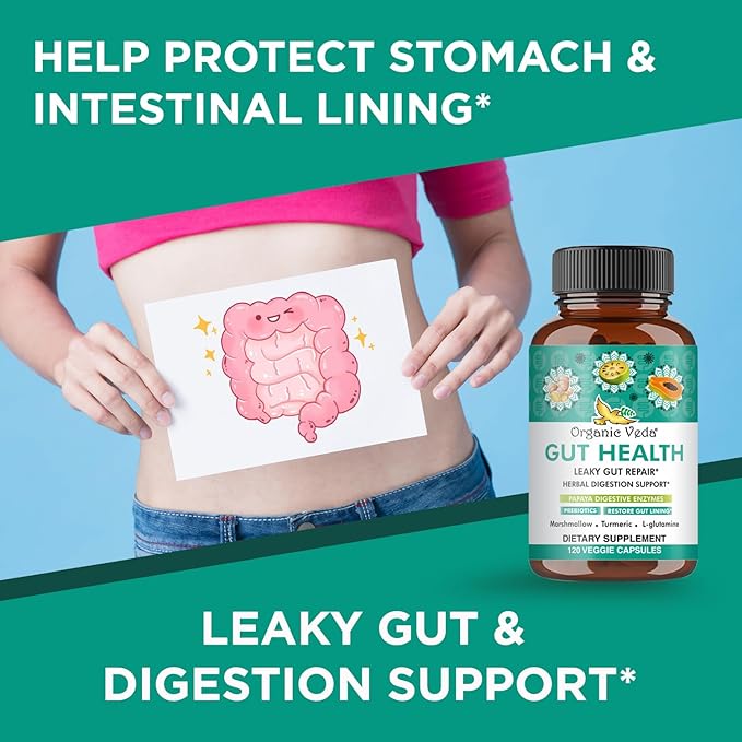 Organic Veda Gut Health Supplement - Leaky Gut Repair Capsules with Papaya Digestive Enzymes, Prebiotics, L-Glutamine, Turmeric - Support Bowel Movement & Cleanse Colon - 120 Count