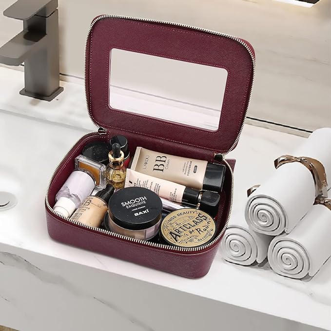 Clear Makeup Bag for Women Waterproof Travel Makeup Case Portable Cosmetic Case Toiletry Bag Car Organizer with Zipper (X/Burgundy, L)