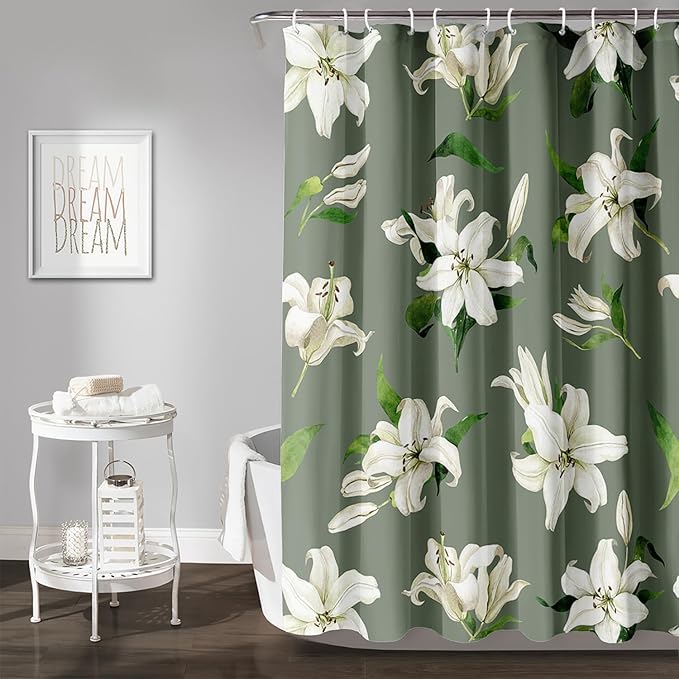 AILONEN Flower Shower Curtain, Vintage Garden Lilies Theme Waterproof Fabric Shower Curtain Set,Green Spring Flowers Bathroom Decor for Teen Girls Women,72" W*72" H