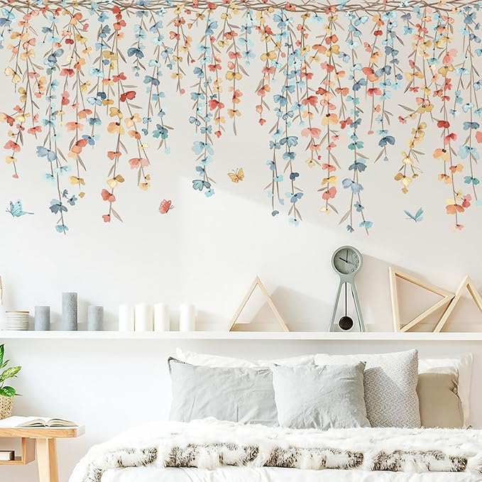 Multicolor Plants Flower Butterfly Wall Decals Garden Flower Vine Wall Corner Stickers Window Clings Bedroom Living Room Kitchen Decor