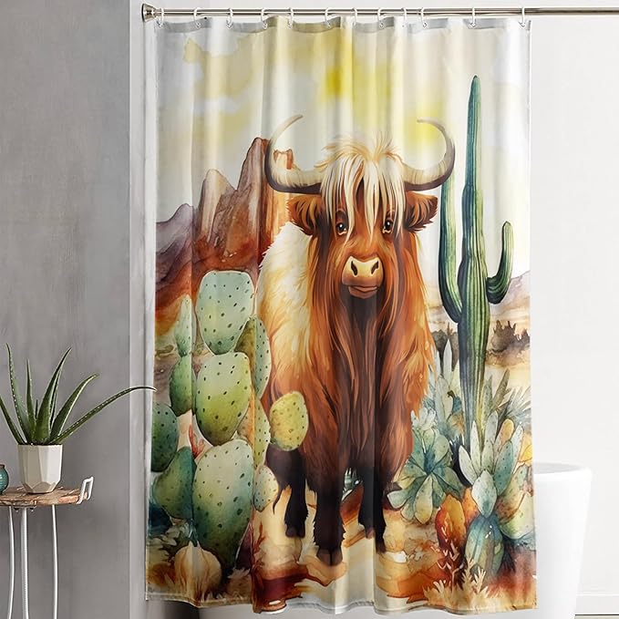 AILONEN Yak Shower Curtain Set, Desert Cactus Yak Polyester Waterproof Shower Curtain,Watercolour Sunset Warm Yellow Cloth Bath Curtain Set with Plastic Hooks,36" Wx72 H