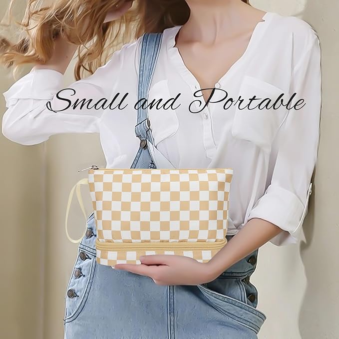 Ethereal Checkered Small Makeup Bag, Travel Makeup Brushes Organizer Bag for Women Purse Daily Double Layer Cosmetic Bag Portable Makeup Pouch, khaki
