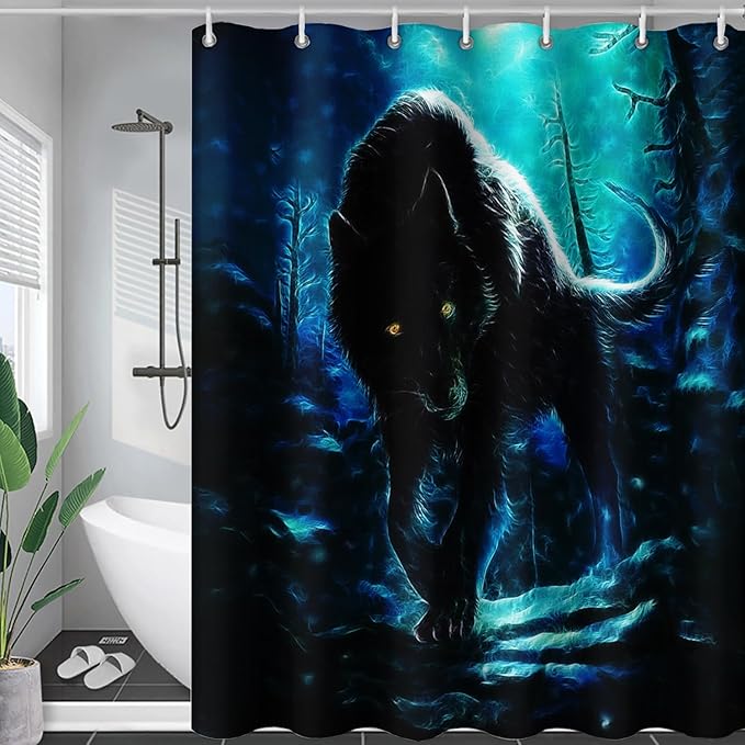 AILONEN Wolf Shower Curtain,Evening Moon Wolf Bath Curtain Gifts for Kids Boys Girls,Safari Wolf Polyester Waterproof with 12 Plastic Hooks 72" W*78" H