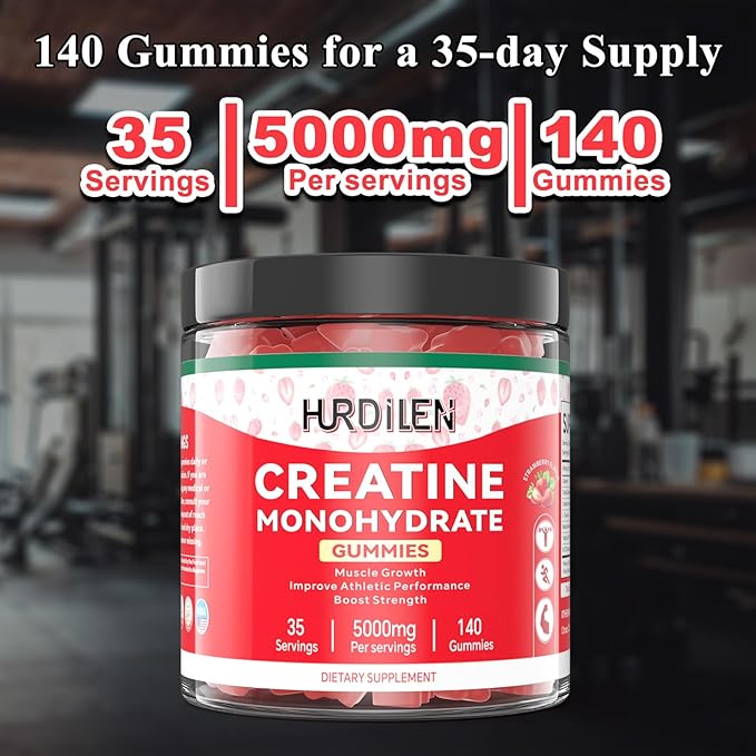 140 Count Creatine Monohydrate Gummies, 5000mg Creatine Monohydrate No Sugar Gummies for Women & Men with L-Taurine, Vitamin B12 for Muscle Strength, Muscle Recovery, Glute Builder, Energy Boost