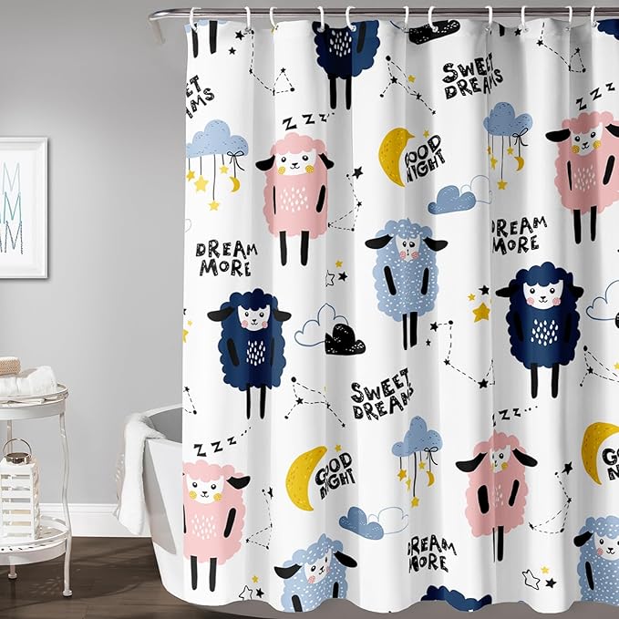 AILONEN Cute Sheep Shower Curtain for Bathroom,Constellation Star Clouds Printed Bath Curtain,Blue Pink Sheep Kids Curtain Waterproof with 2 Plastic Hooks 72" W*78" H