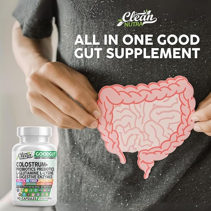 Colostrum Supplement Capsules Probiotics Pills Prebiotics, L-Glutamine, Digestive Enzymes, Folate, Fiber, ACV, Turmeric, Apple Pectin and Turmeric Clean Nutra Good Gut