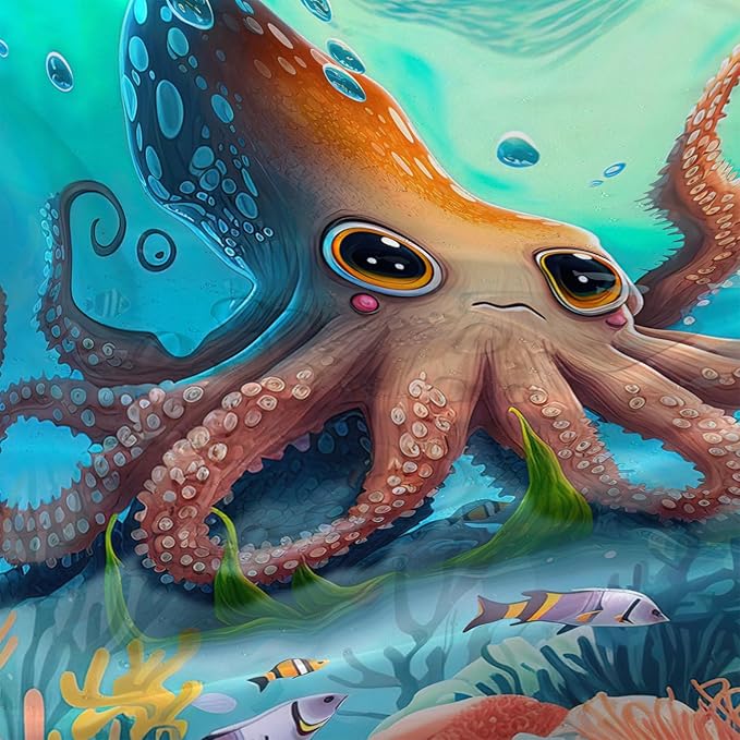 AILONEN Cute Cartoon Octopus Shower Curtain,Beautiful Sea World Theme theme Bath Curtain Cloth Fabric Bathroom 72" W*84" H Inch,12 Pack Hooks for Kids Child Sea Animal Bathroom Curtain