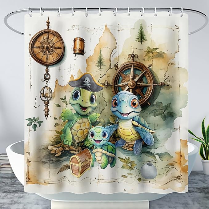 AILONEN Cartoon Sea Turtle Shower Curtain,Kawaii Turtle Bathroom Curtains for Kids,Girls,Nautical Compass Anchor Shower Curtains Set with Hooks for Bathroom,36" W*72" H