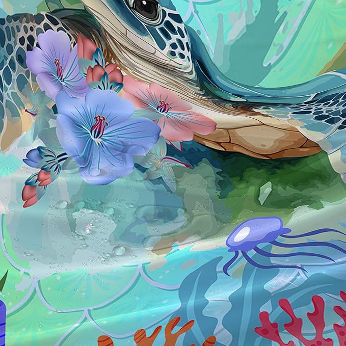 AILONEN Cartoon Sea Turtle Shower Curtain,Kawaii Sea Animal Bathroom Curtains for Kids,Girls,Watercolor Green Ocean Theme Shower Curtains Set with Hooks for Bathroom,36" W*72" H