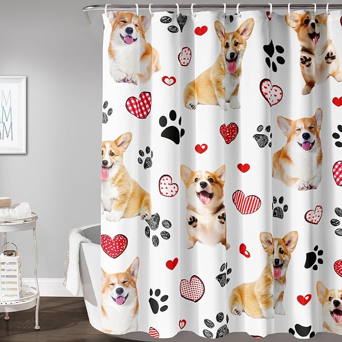AILONEN Puppy Dog Shower Curtain for Bathroom,Cute Corgi Waterproof Bath Curtain,Pet Dog Kids Girls Dog Lover Curtain with 12 Plastic Hooks(72" W*78" H)