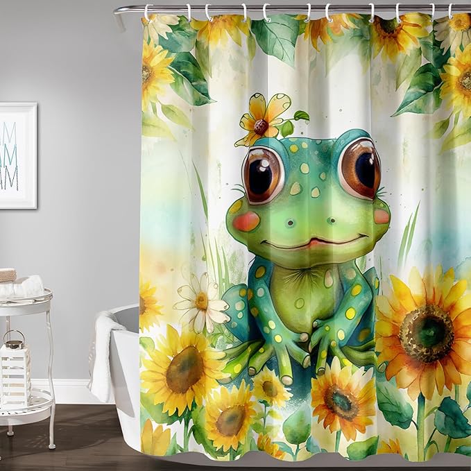 AILONEN Cartoon Green Frog Shower Curtain,Watercolor Sunflower Shower Curtain,Cute Kawaii Frog Curtain for Kids Girls Boys,Yellow Flower Animal Frog Print Waterproof Bath Curtain 36" W x 72" H