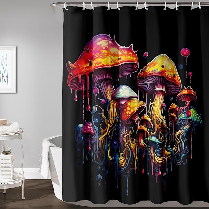 AILONEN Mushroom Shower Curtain,Oil Painting Mushroom Bath Curtain,Cartoon Mushroom Magic Fungus Print Black Waterproof Shower Curtain with 12 Plastic Hooks, 72" W x 96" H