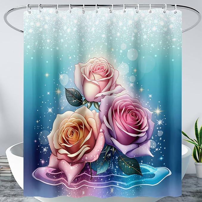 AILONEN Rose Shower Curtain for Bathroom Decor,Galaxy Pink Rose Bath Curtain Gifts for Girls Women,Modern Minimalism Curtain,Polyester Waterproof with 12 Plastic Hooks, 36" W*72" H