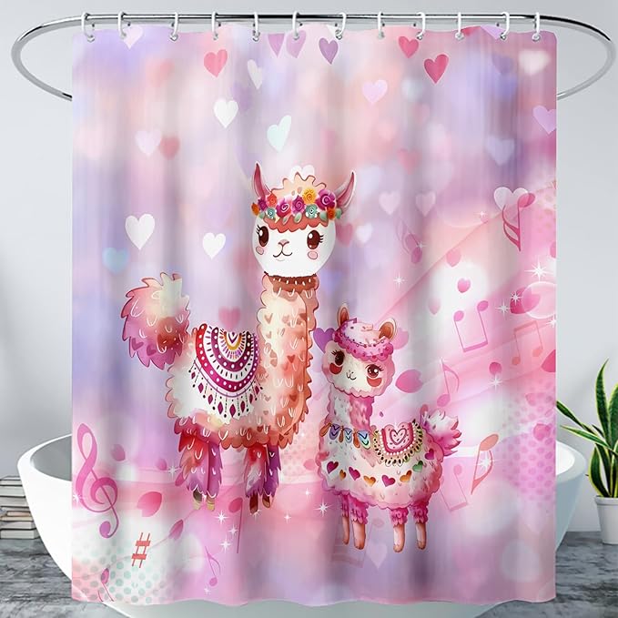 AILONEN Kawaii Llama Shower Curtain for Kids Girls,Watercolor Llama Alpaca Theme Bath Curtain,Boho Llama Hearts Print Pink Shower Curtain Waterproof for Bathroom with 12 Plastic Hooks, 72" W*84" H