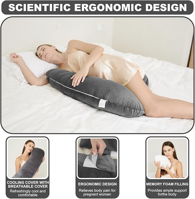 Pregnancy Pillow for Sleeping, Maternity Pillow, Velvet Cover Maternity Pillow Support for Back, Legs, Belly, HIPS Grey Large