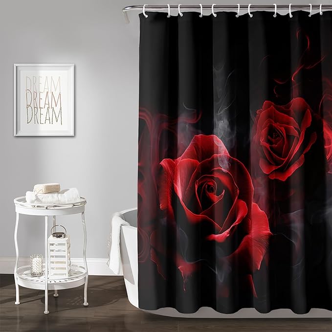 AILONEN Red and Black Rose Shower Curtain,Romantic Smoky Luxury Rose Bathroom Decor,Red Flower Garden Floral Bath Curtain,Waterproof 60" W x 72" H