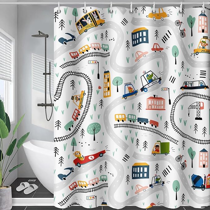 AILONEN Construction Truck Shower Curtain, Kids Cartoon Train Vehicle Tractor Cars Bath Curtain for Boys,White Road Map Bathroom Decor Waterproof Fabric 48" W*72" H Inch with 12 Plastic Hooks