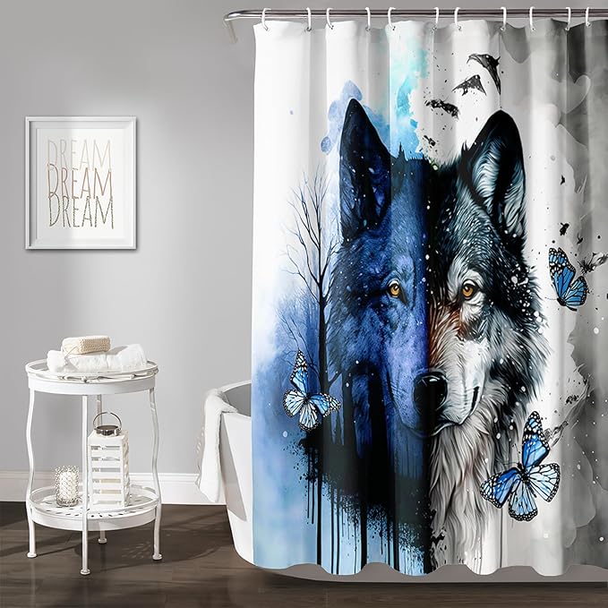 AILONEN Wolf Print Shower Curtain for Boys Men,Watercolor Wolf Bath Curtain 72" W*84" H Animal Wolf Bathroom Curtain Polyester Waterproof Wildlife Bathroom Curtain with 12 Hooks