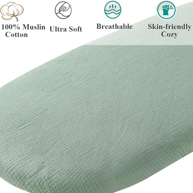 Muslin Bassinet Sheet Compatible with Halo Bassinest Swivel Flex Glide Premiere & Luxe Series Sleeper 2 Pack Cotton Stylish Boho Fitted Bassinet Sheets Super Soft for Baby Roman Green & Botanical Leaf